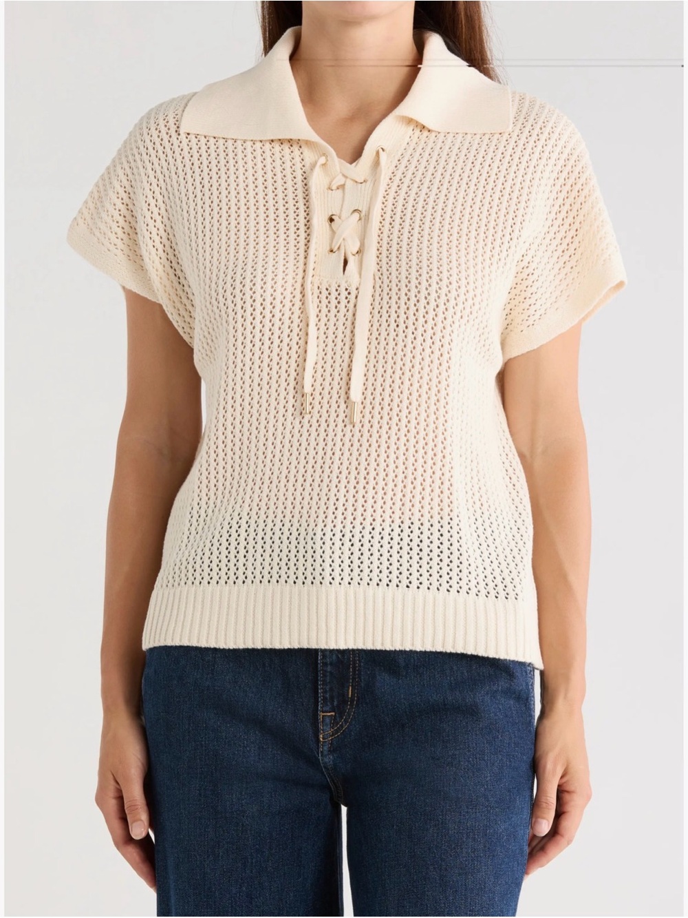 T TAHARI 3X Cottagecore Coastal Tie Neck Short Sleeve Open Knit Sweater Ivory